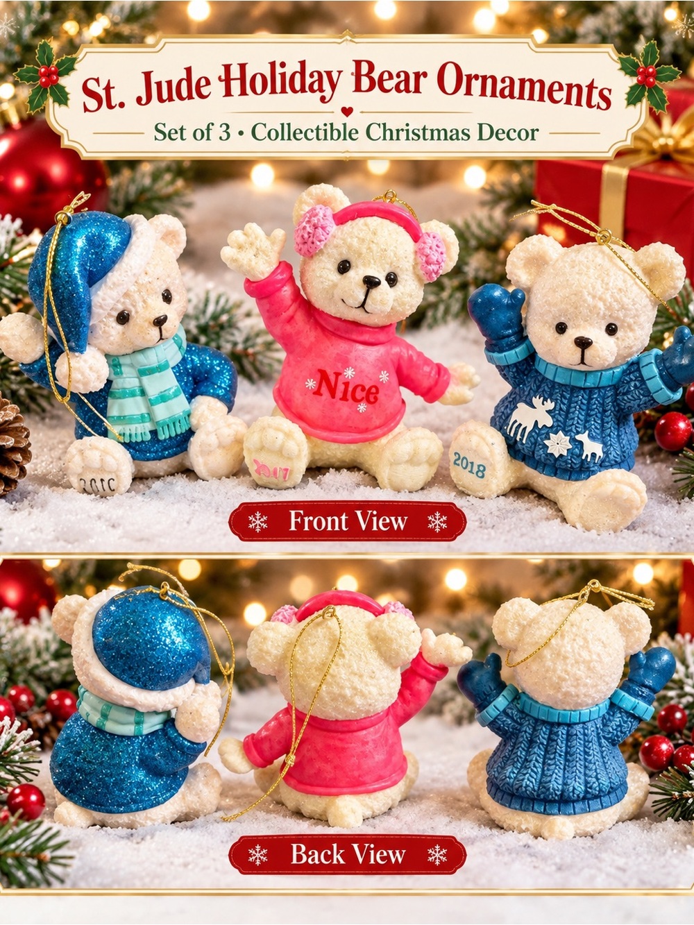 Holiday Bear Ornament Trio — Blue & Pink Bears
